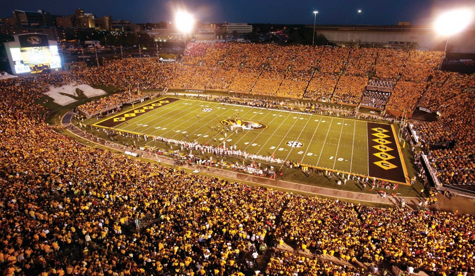 Memorial Stadium filled with black and gold fans