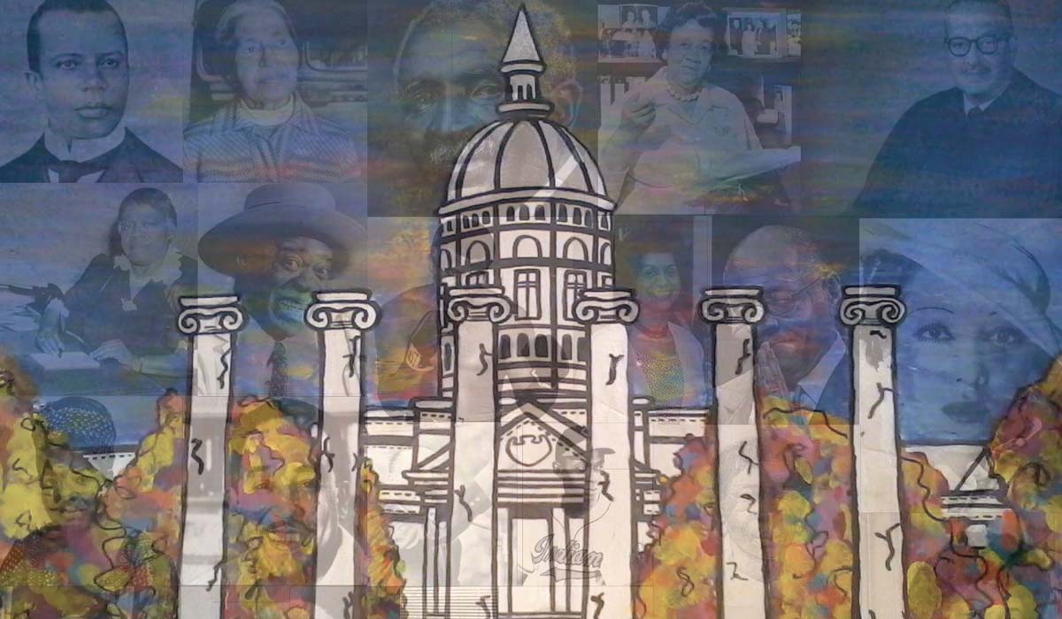 Photo collage and illustration of Jesse and the columns