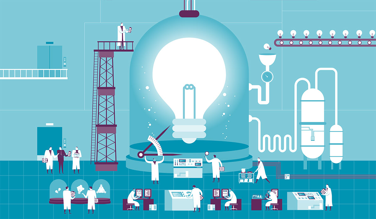 Illustration of scientists working on a lightbulb