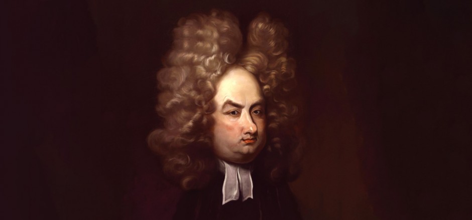 Illustration of Jonathan Swift with big hair.