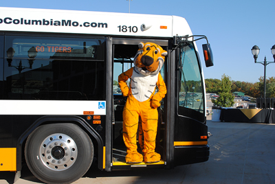 Truman the Tiger on a bus.