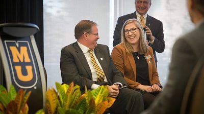 MU Chancellor Alexander Cartwright welcomes audience members during a housing and dining affordability announcement Friday at Rollins Commons on the University of Missouri campus