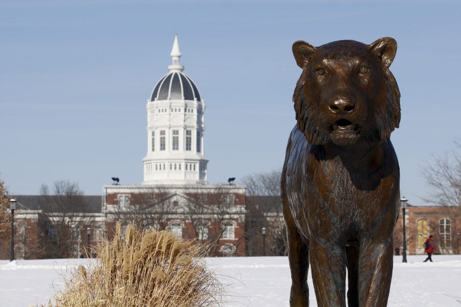 This is a picture of the Tiger statue at Tiger Plaza with Jesse Hall in the background