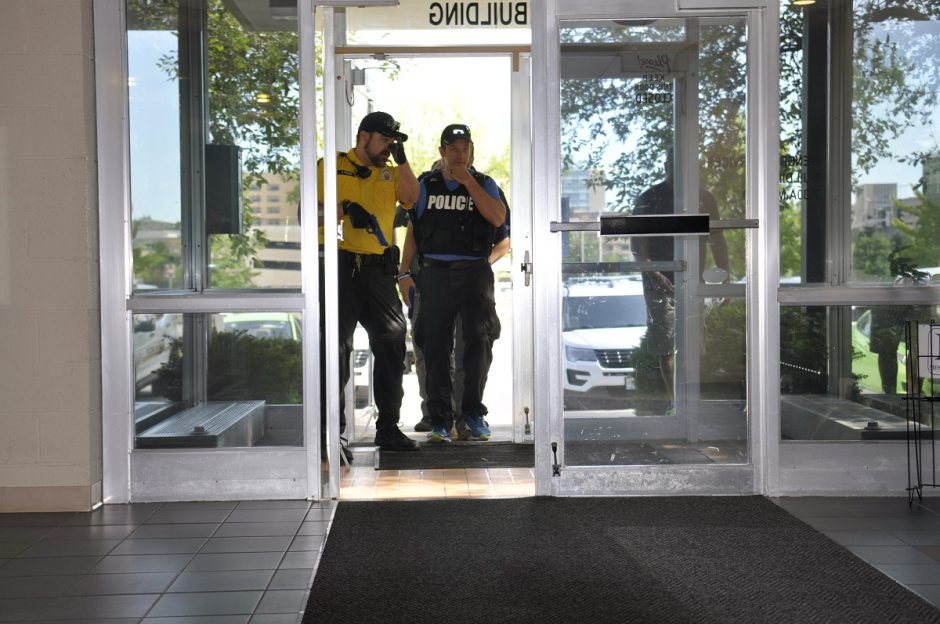 This is a picture of University of Missouri police officers Justin Patlan, left, and Dustin Heckmaster enter the General Service Building during a recent daylong active threat training on campus.