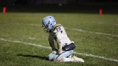 Tolton defensive back Dylan Block(cq) rests after he and a collection of Trailblazer teammates failed to recover a fourth quarter Hallsville fumble on Friday, November 1, 2019 at Hallsville. Tolton's season ended with the 41-18 district loss.
