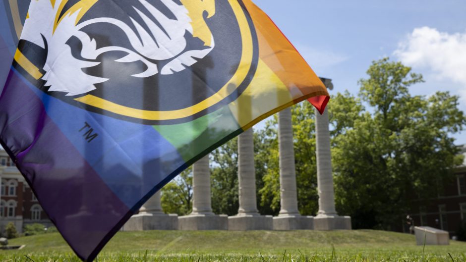 rainbow flag with mizzou tiger in front of columns