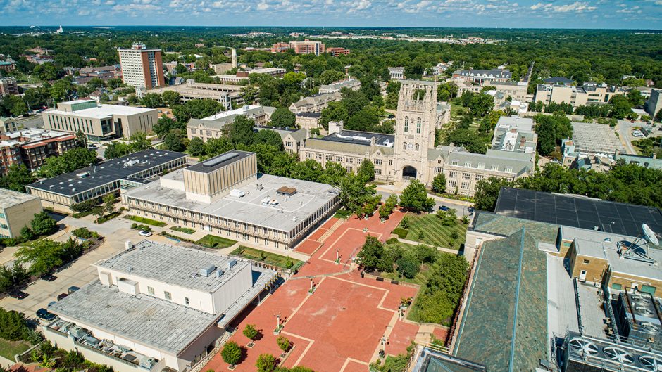 aerial shot of memorial union and lowry mall