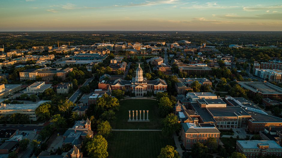 aerial shot of jesse and columns at sunset