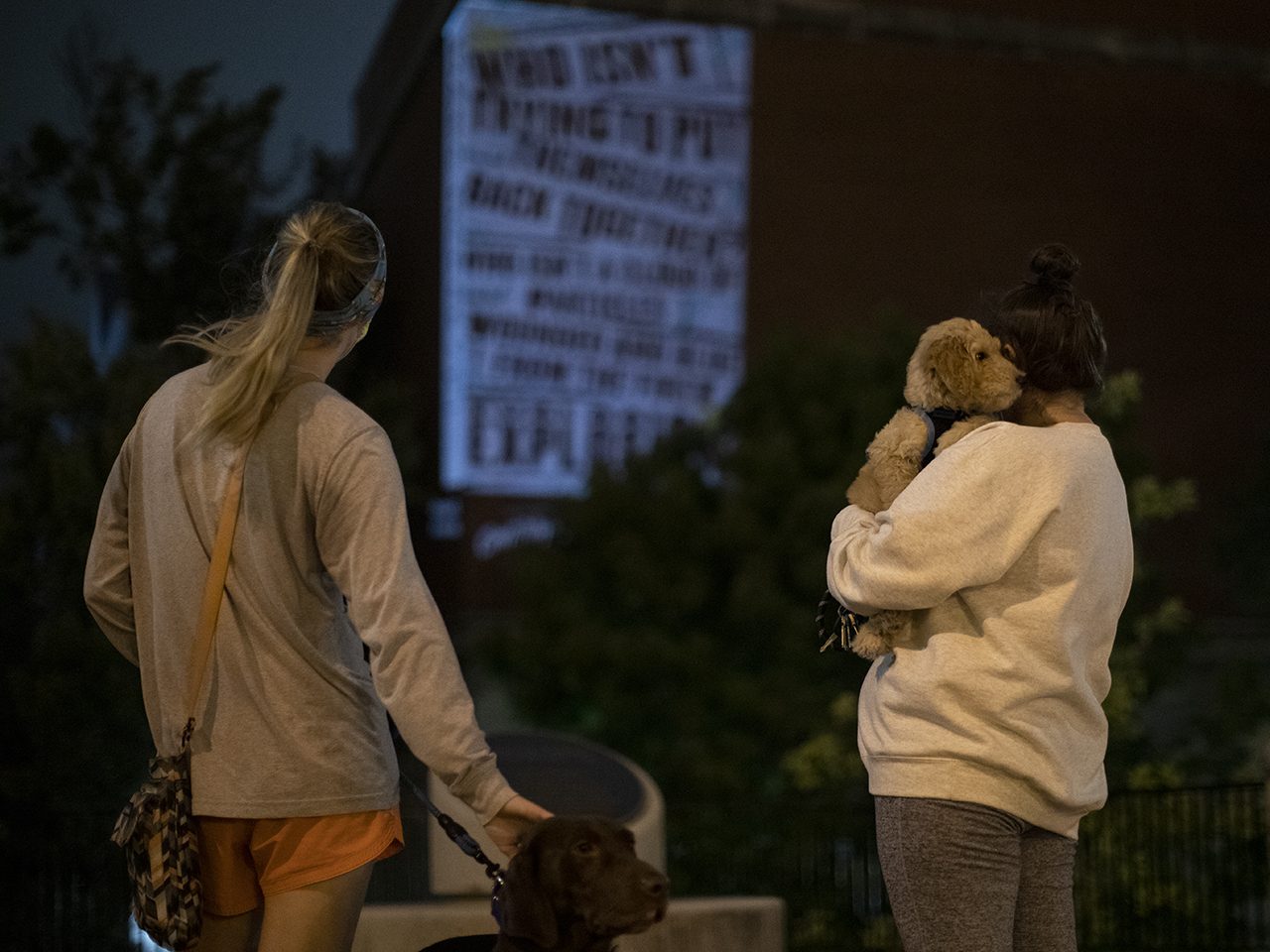 two women with dogs looking at projections on side of building