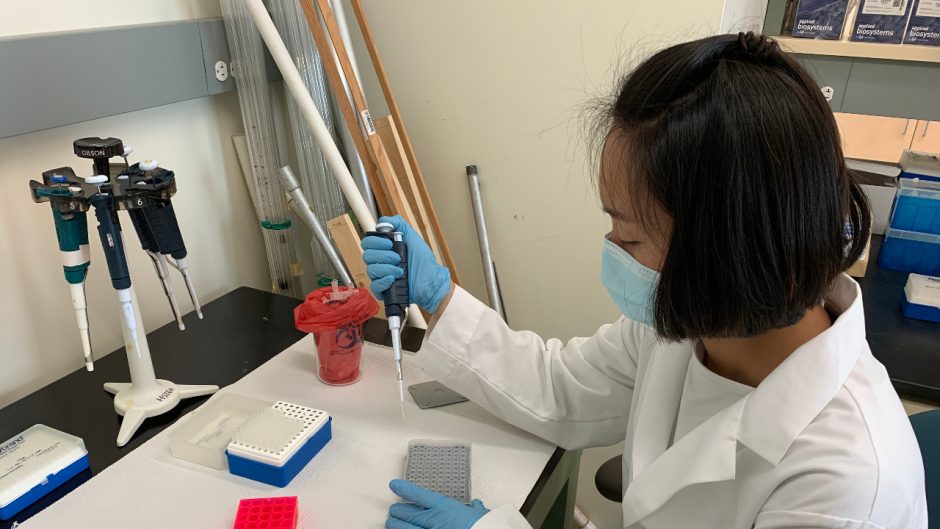 Researcher preparing sample of wastewater for lab analysis