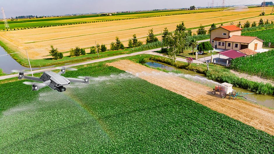 This photo illustration shows how a drone captures aerial video of a farm. A Mizzou research team is devising a way to pull high-resolution images from that video footage automatically.