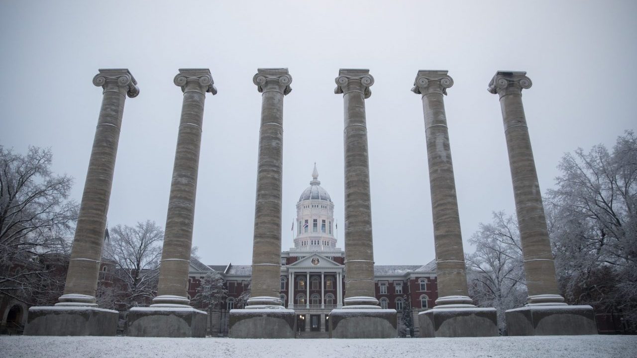 Jesse Hall and the Columns covered in snow
