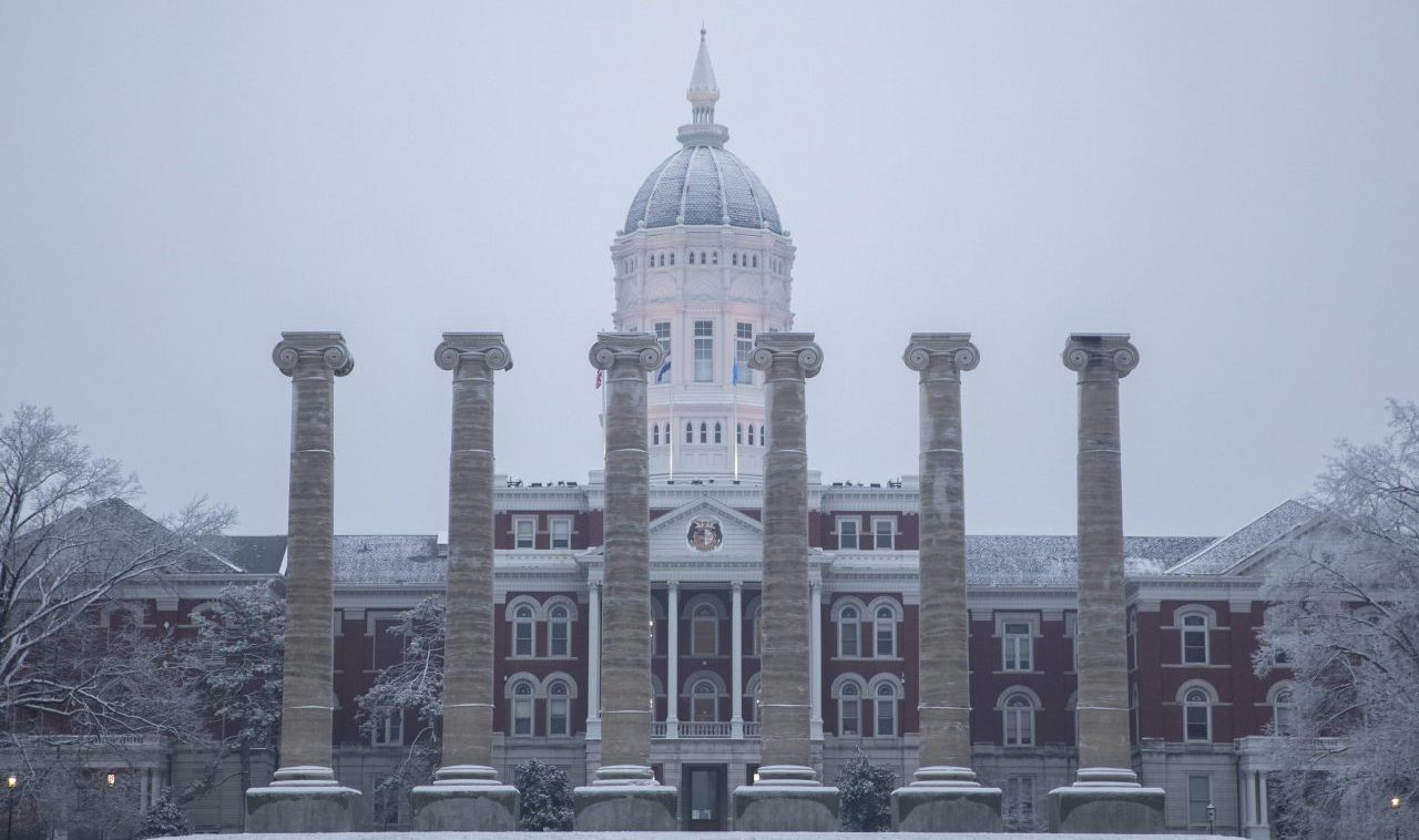 Snow on Jesse Hall and the Columns