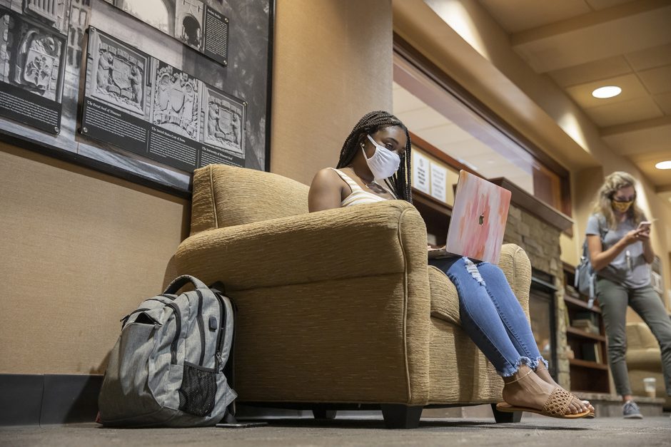 woman studying in a comfortable chair in memorial union