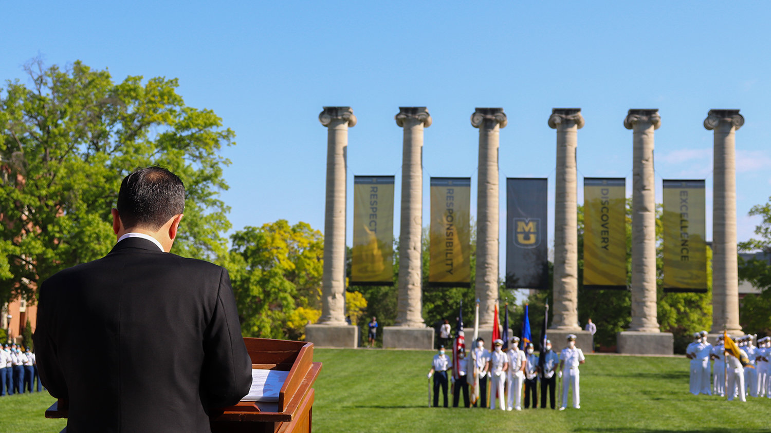 ROTC members on the quad at a ceremony