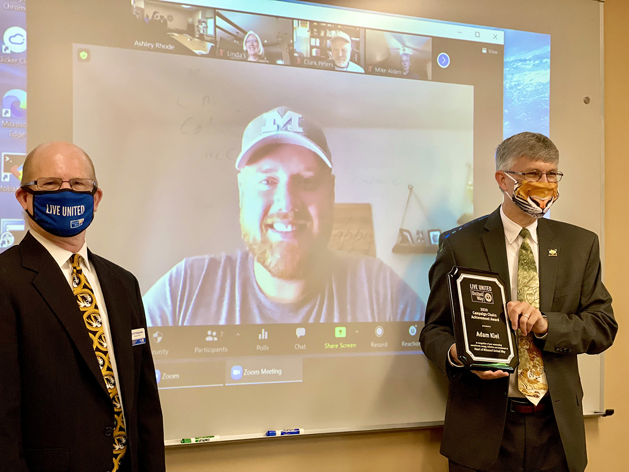 Adam Kiel receives the Campaign Chairs Achievement Award via Zoom.