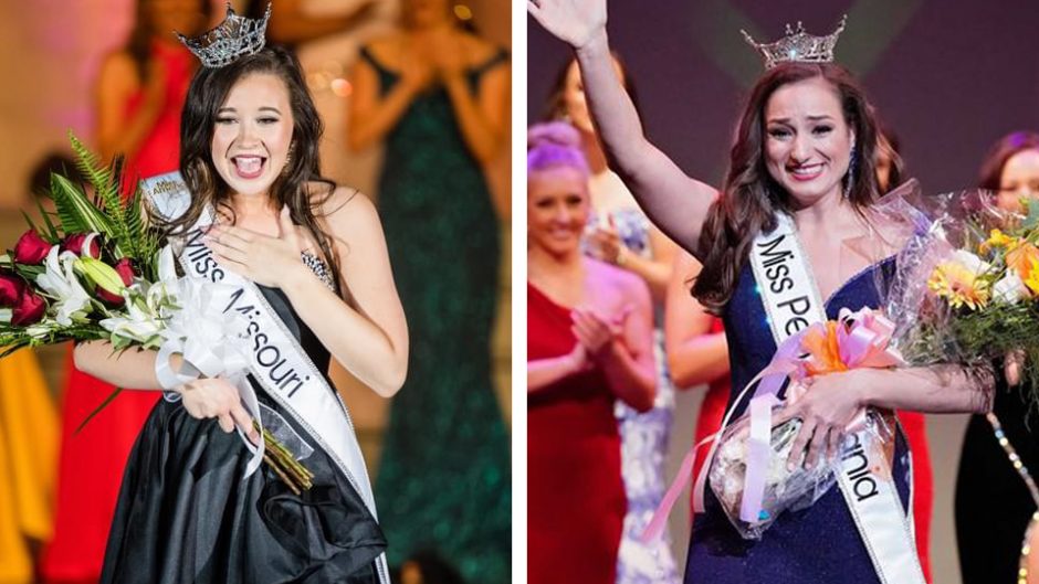 two photos of female students winning their state pageant