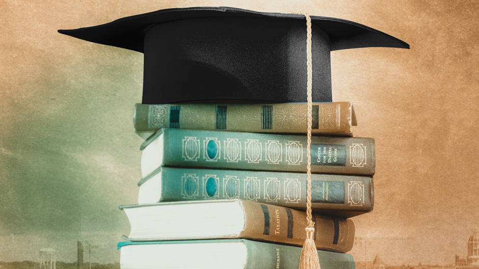 concept art of books and graduation cap