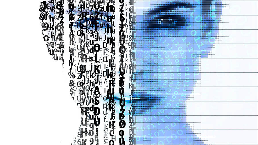 stock image of a woman. half of her face has computer code on it
