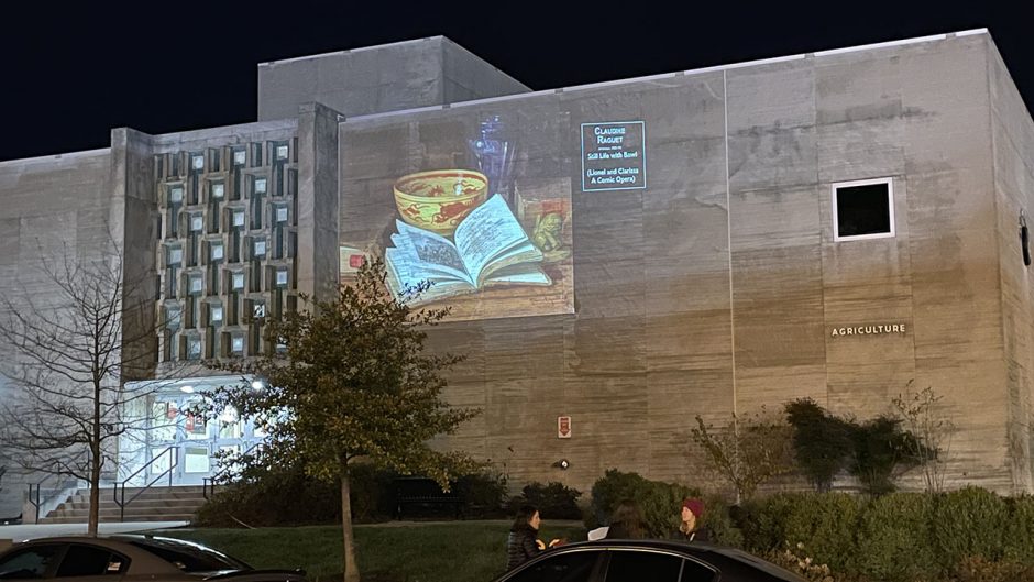 photo of a piece of art being projected on the side of a building at night