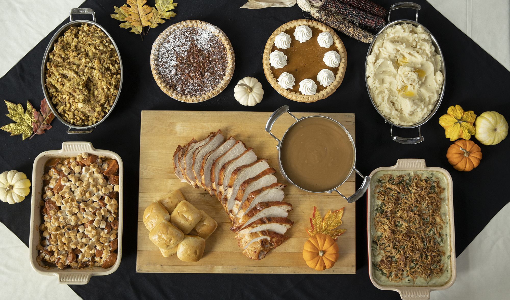 photo of a thanksgiving meal spread out on a table