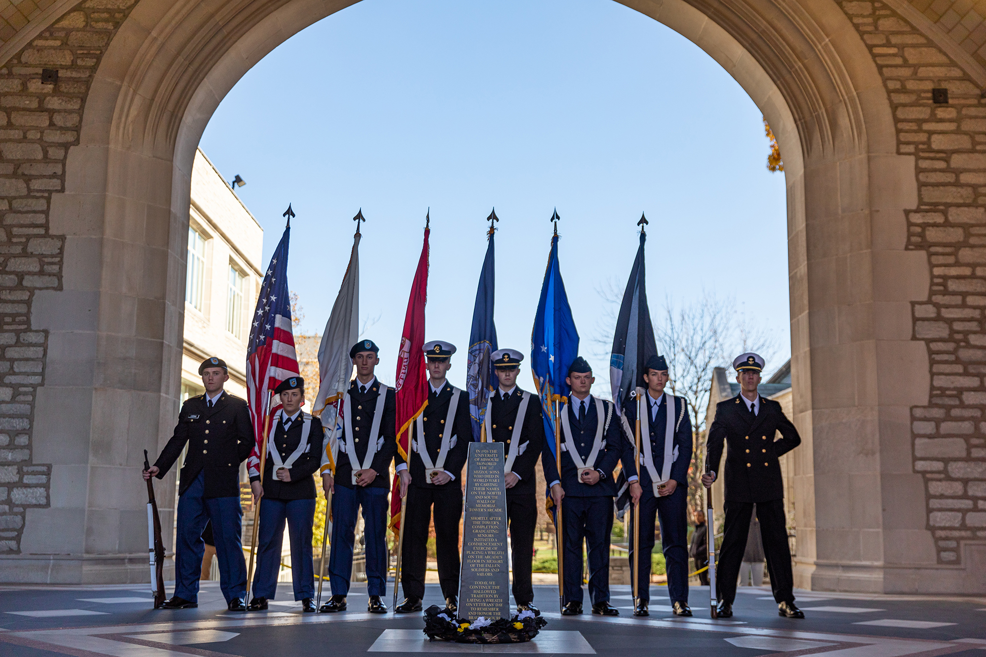 photo of rotc flag group in the memorial union archway