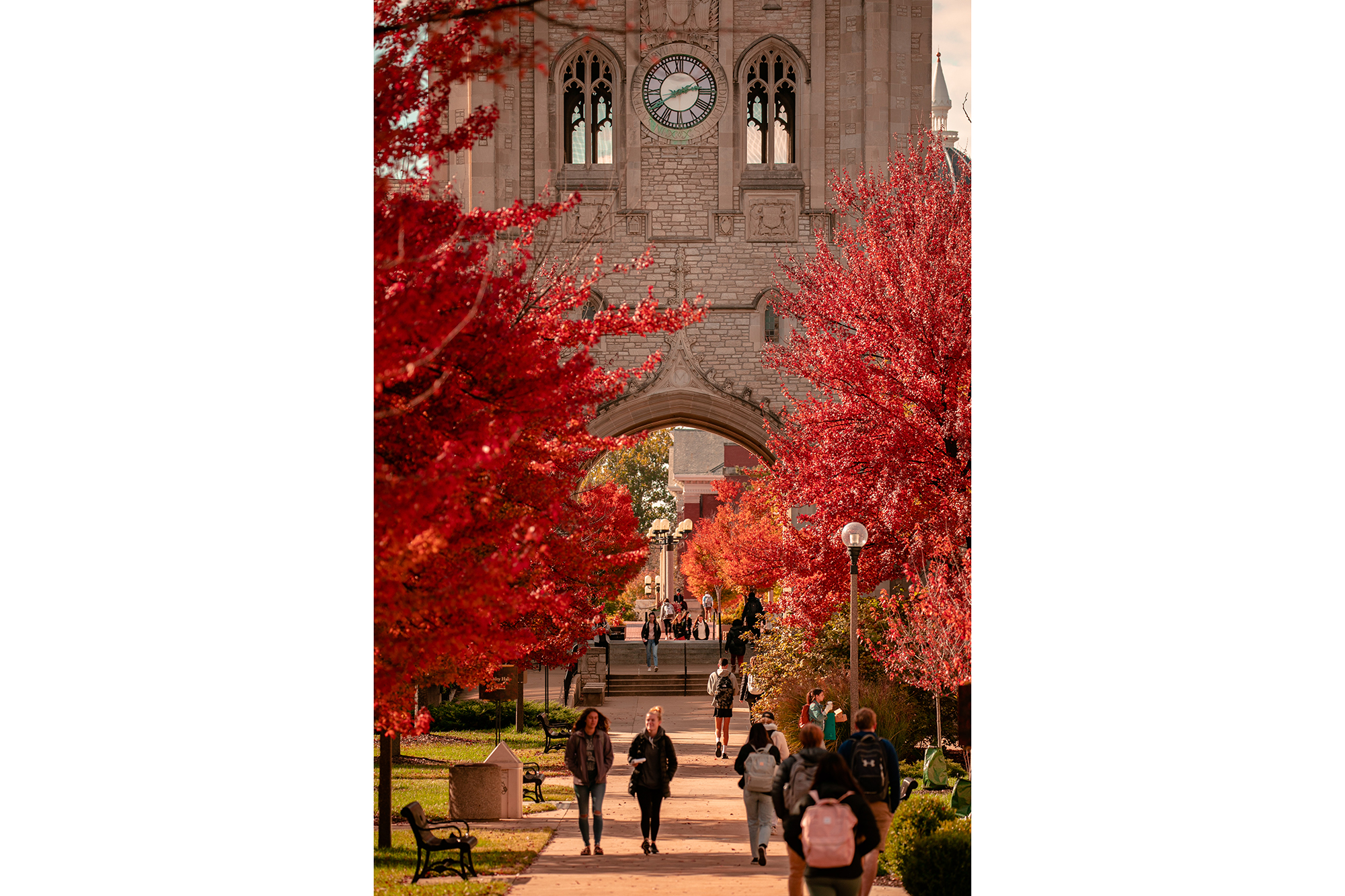 fall photo of memorial union tower and red trees with students walking in front