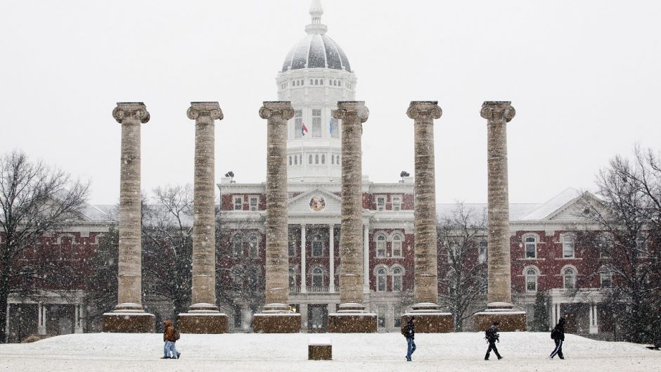 winter beauty shot of campus and the columns
