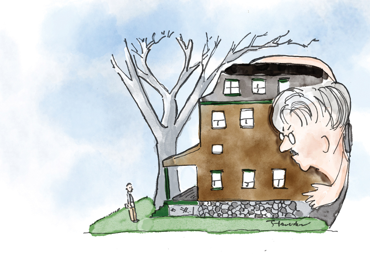 cartoon of giant man lurking behind house