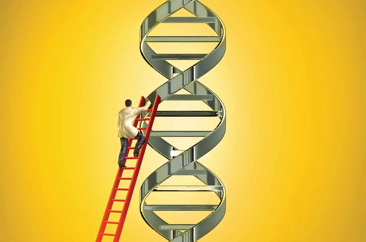 illustration of man climbing DNA strand