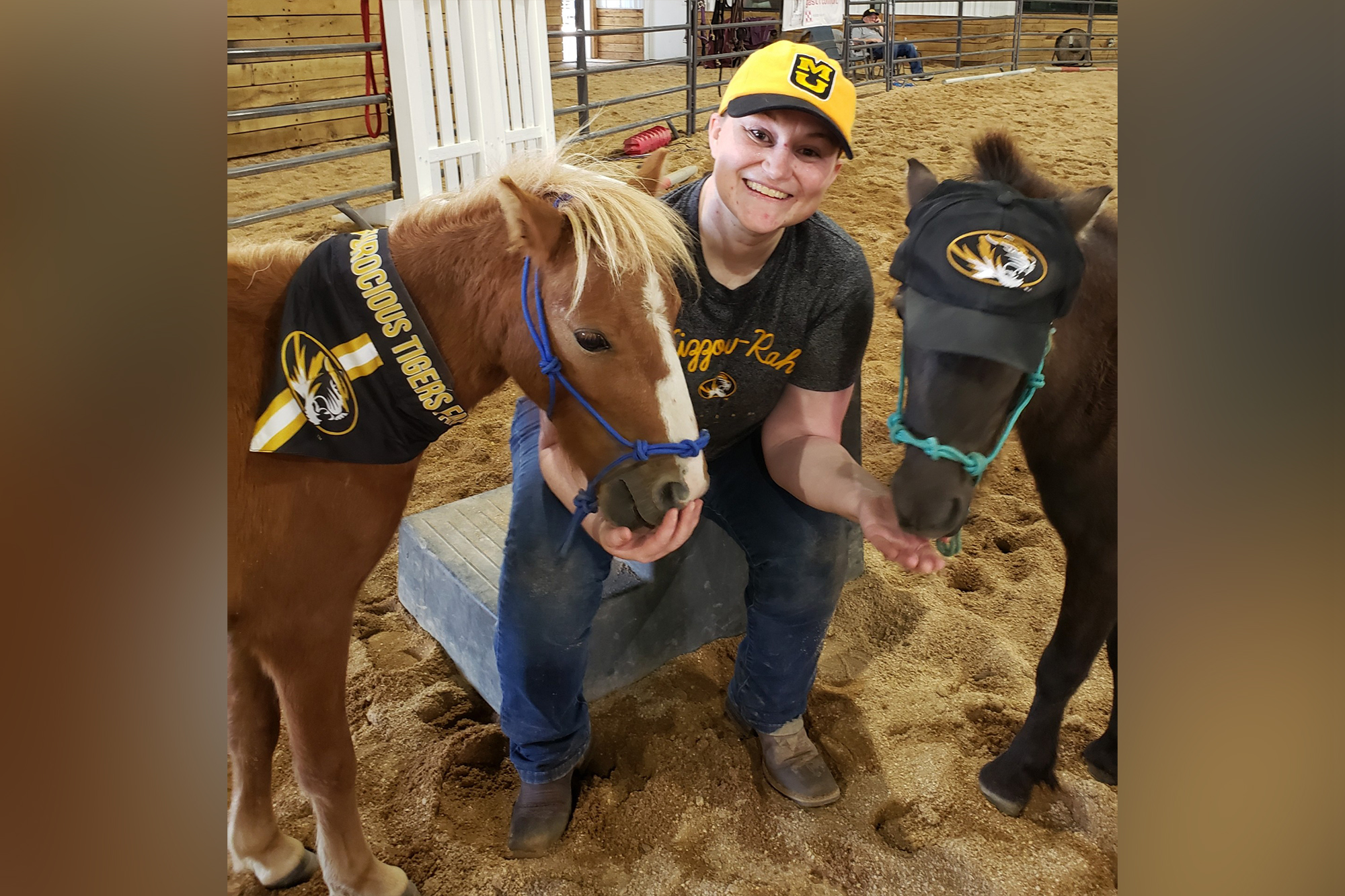 two horses in mizzou gear. a woman poses for a picture with them