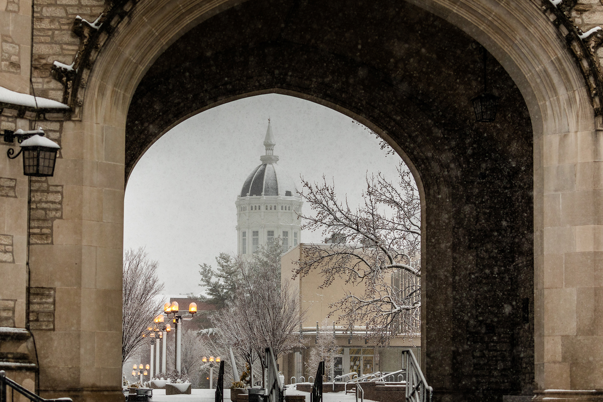 looking at jesse hall through the memorial union archway.