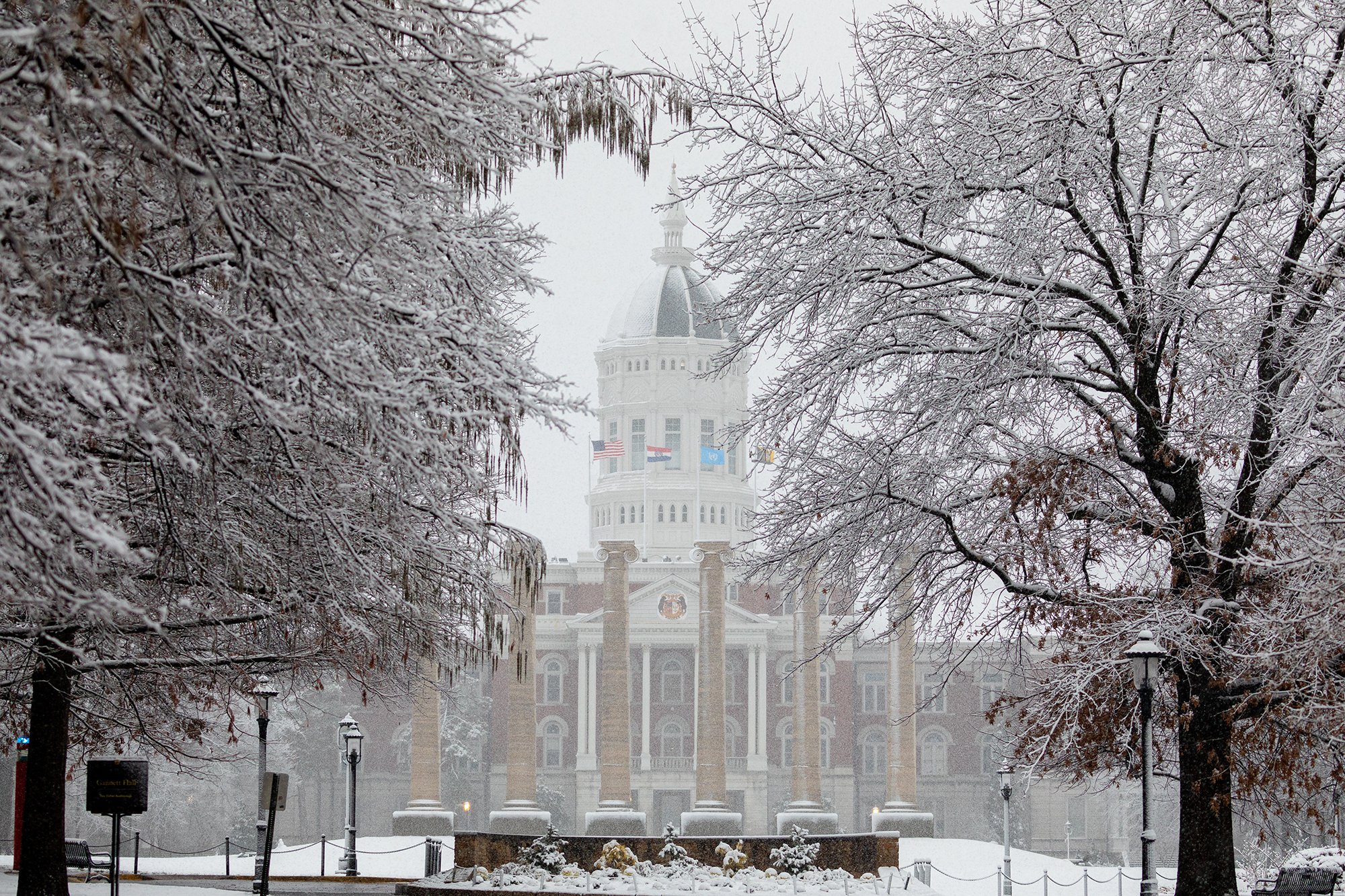 jesse hall with trees in front of it, covered in snow