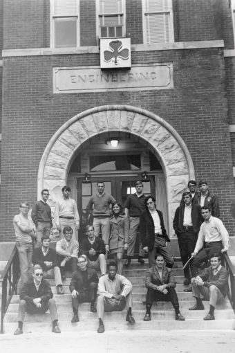 student group sitting near Lafferre Hall in 1969