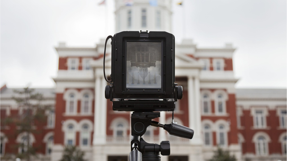 This is an image of a camera capturing Jesse Hall.