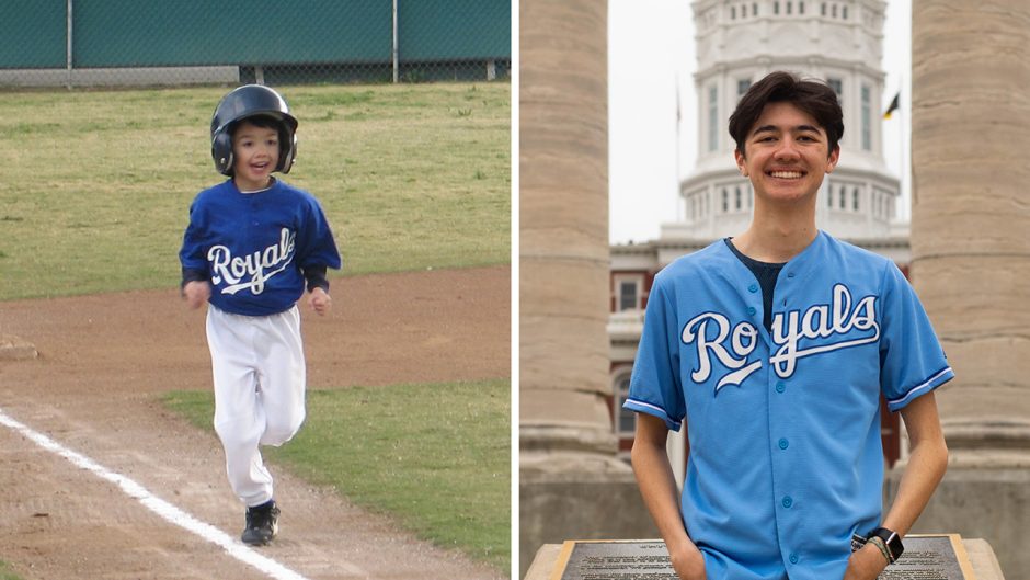 two photos: left is of a little boy (Ben Ramirez) playing baseball with a Royals jersey. the right is adult ben ramirez wearing a royals jersey