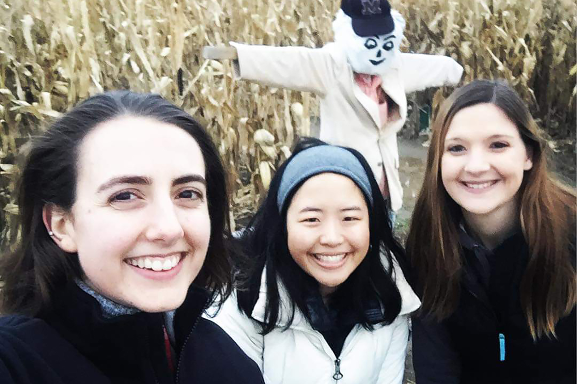 brittany pendergraft and two friends at a corn maze