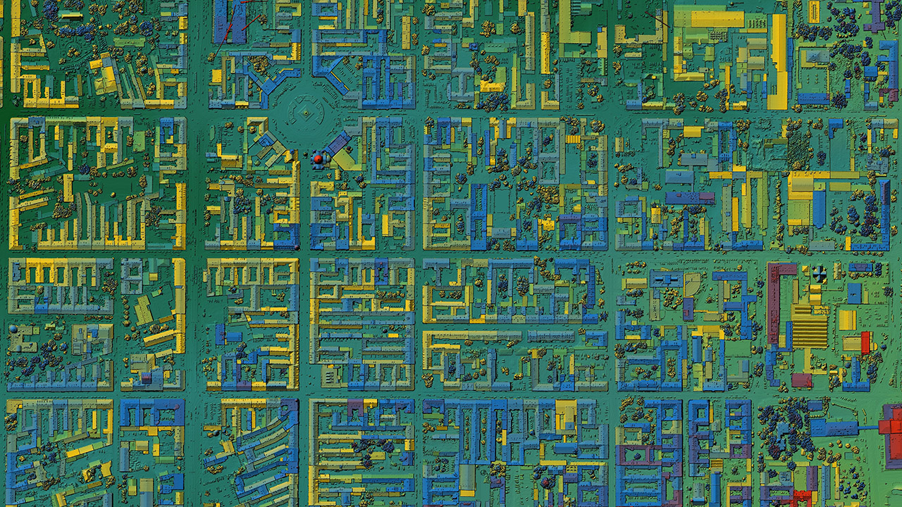 Digital elevation model. GIS 3D illustration made after proccesing aerial pictures taken from a drone. It shows lidar scanned, huge urban area of a city with roads and junctions between dense blocks