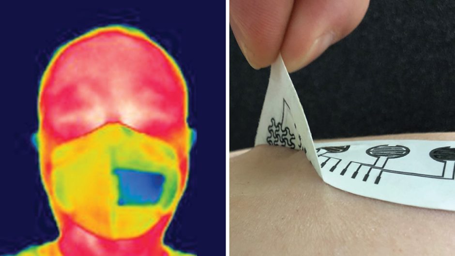 composite image of a wearable biometric device and a heat map image of a person wearing a mask