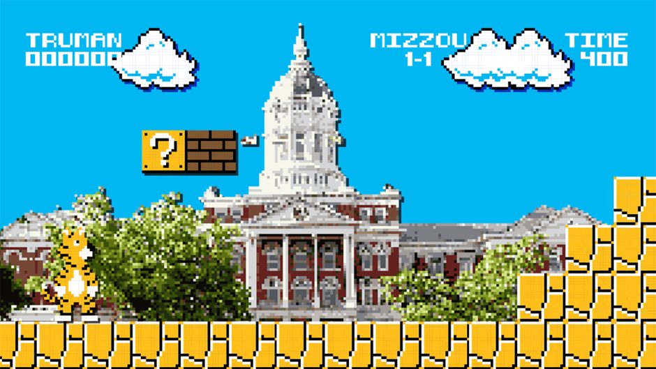 truman 8-bit graphic showing truman in front of jesse hall