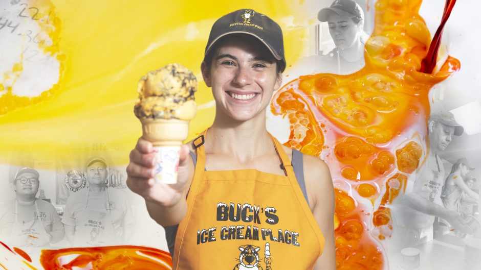 illustration of a student holding an ice cream cone and other, secondary, images of students working in the ice cream shop