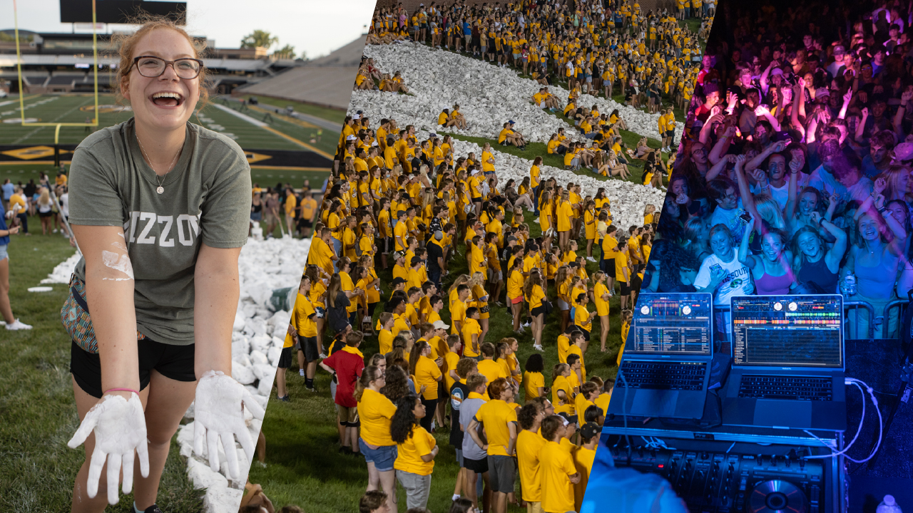 collage of three images showing welcome week traditions — paint the M, first roar and welcome back bbq