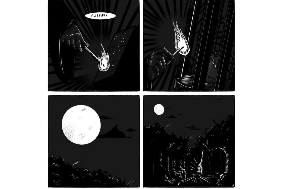 Four-panel page of black-and-white comic depicting a person lighting a match in a dark forest.