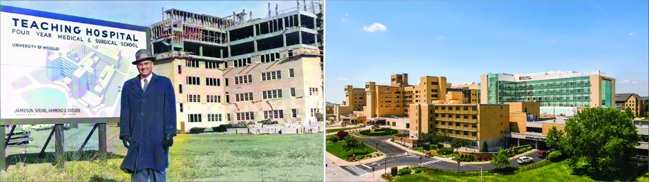 This is an image of MU Health Care before it was built next to an image of MU Health Care now.