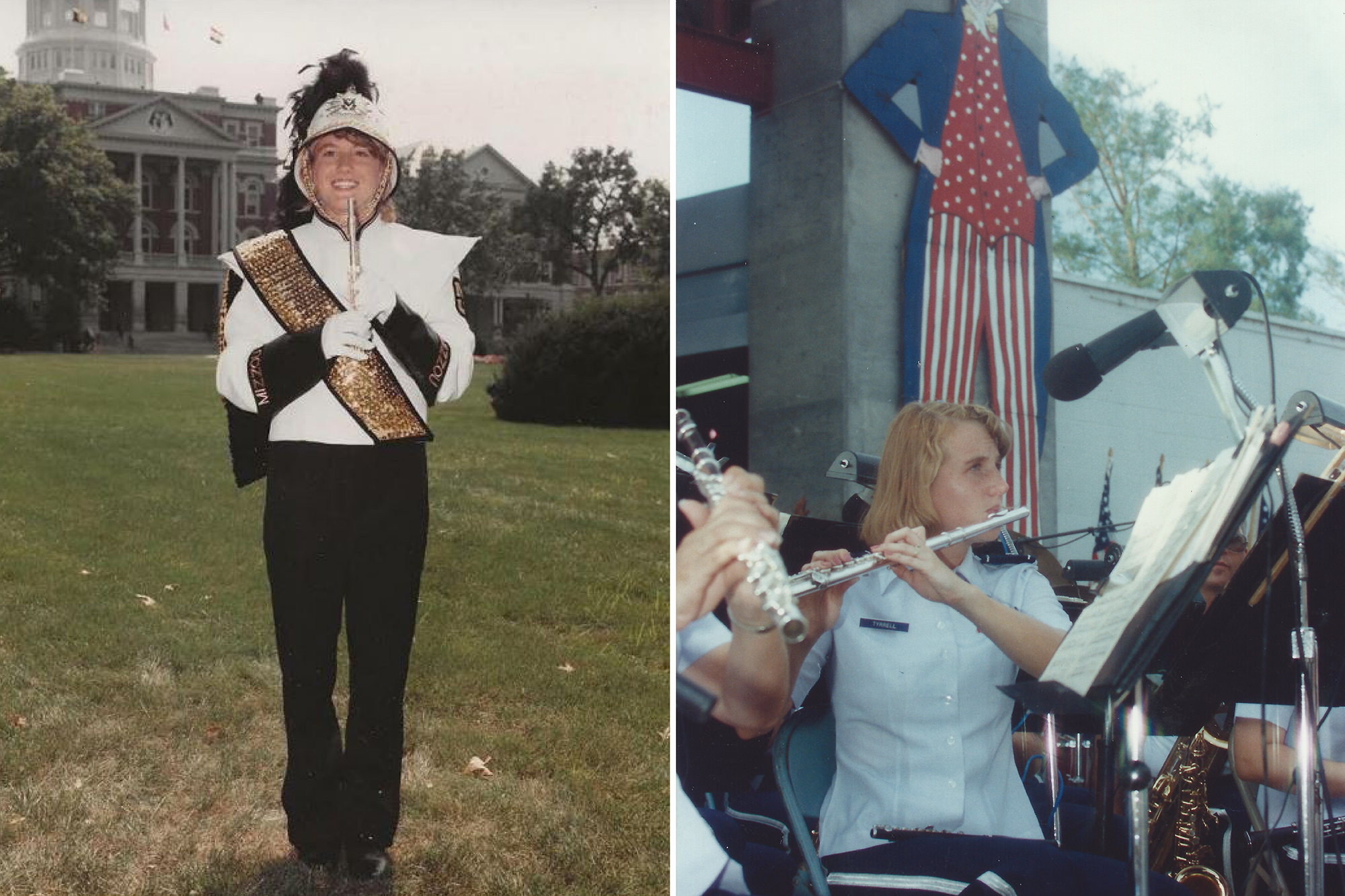side-by-side photos of jenny keely playing flute - one for Mizzou and one for the air force band