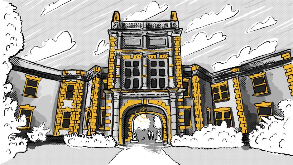 a comic illustration of the journalism school archway