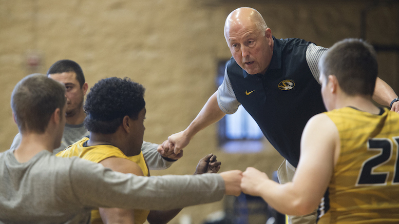 Men’s Wheelchair Basketball Head Coach Ron Lykins motivates his players during a practice. Lykins was inducted into the National Wheelchair Basketball Association Hall of Fame April 14.