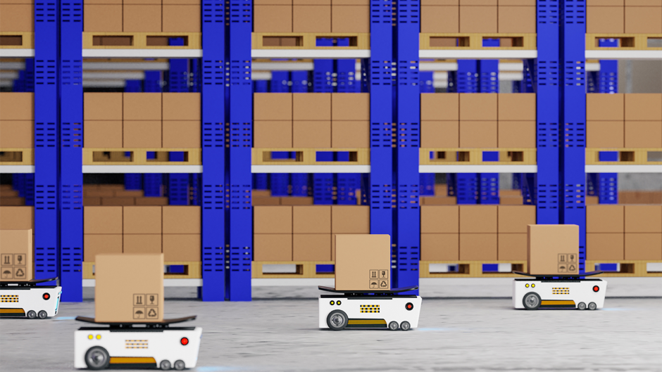 Illustration of autonomous robots moving boxes in a warehouse. Source: Adobe Stock.