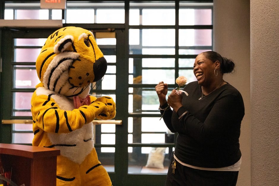 Truman the Tiger hands out Valentines Day flowers to students, faculty and staff across campus.
