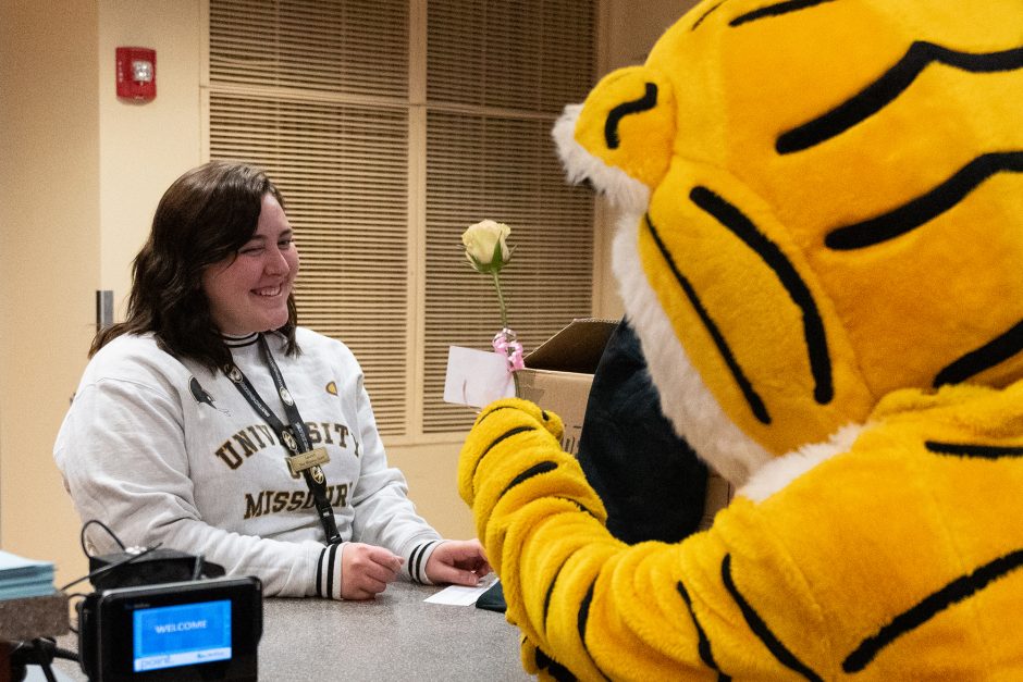 Truman the Tiger hands out Valentines Day flowers to students, faculty and staff across campus.